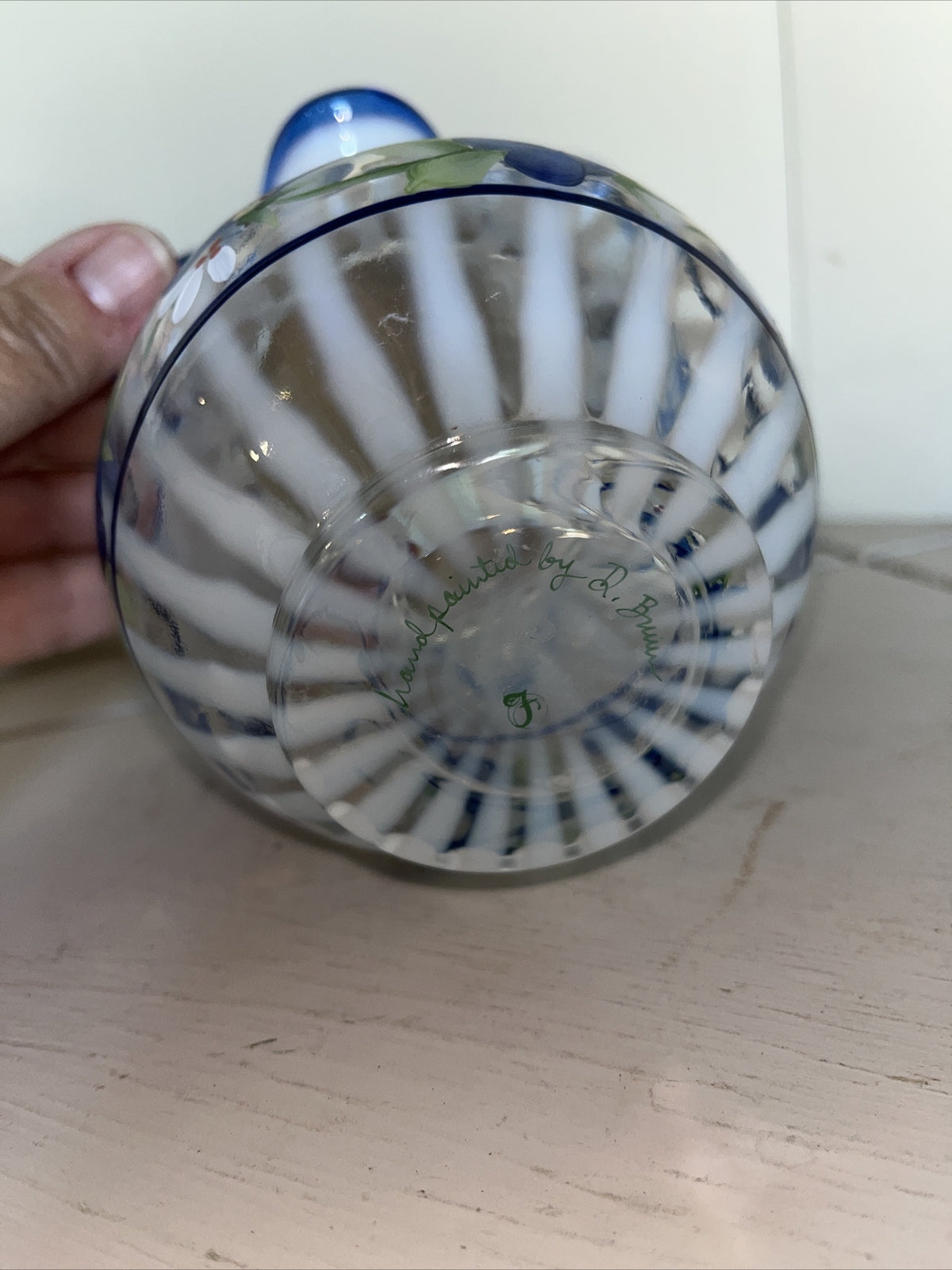 Fenton Spiral Optic Opalescent Glass Blue Crest Hand Painted Floral 4 1/2" Vase