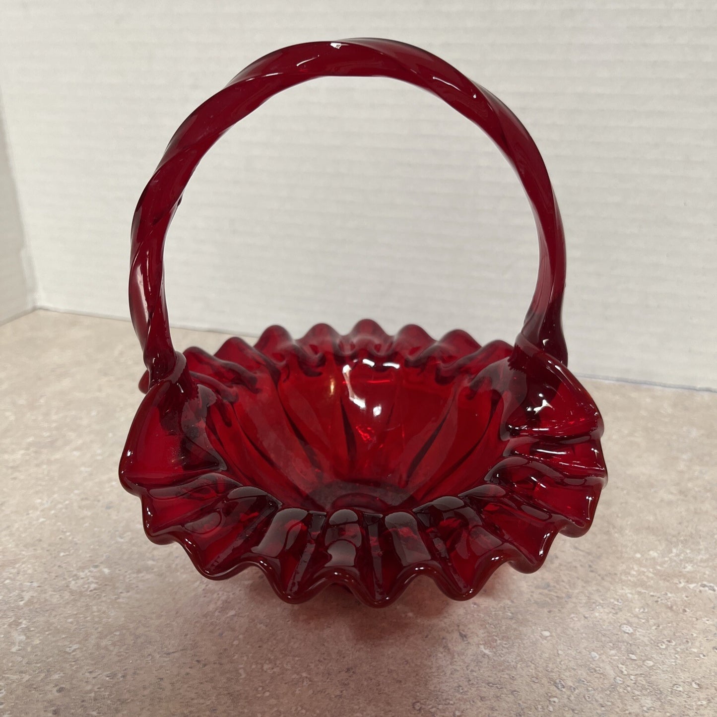 Vintage Fenton Ruby Red Smooth Glass Basket Ruffled Edges Twisted Handle