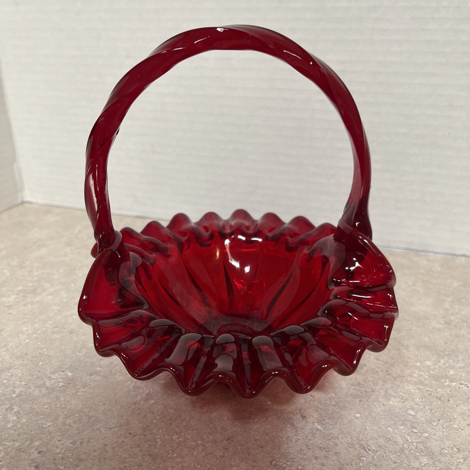 Vintage Fenton Ruby Red Smooth Glass Basket Ruffled Edges Twisted Handle