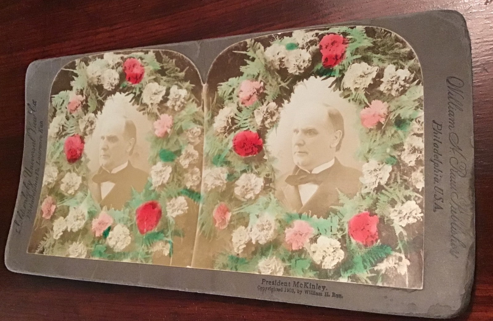 Real Photo President McKinley Memorial Hand colored Funeral Wreath Stereoview