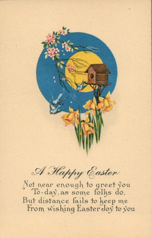 Yellow Background Blue Birds Gold Boarder Full Moon Bird House Easter Postcard