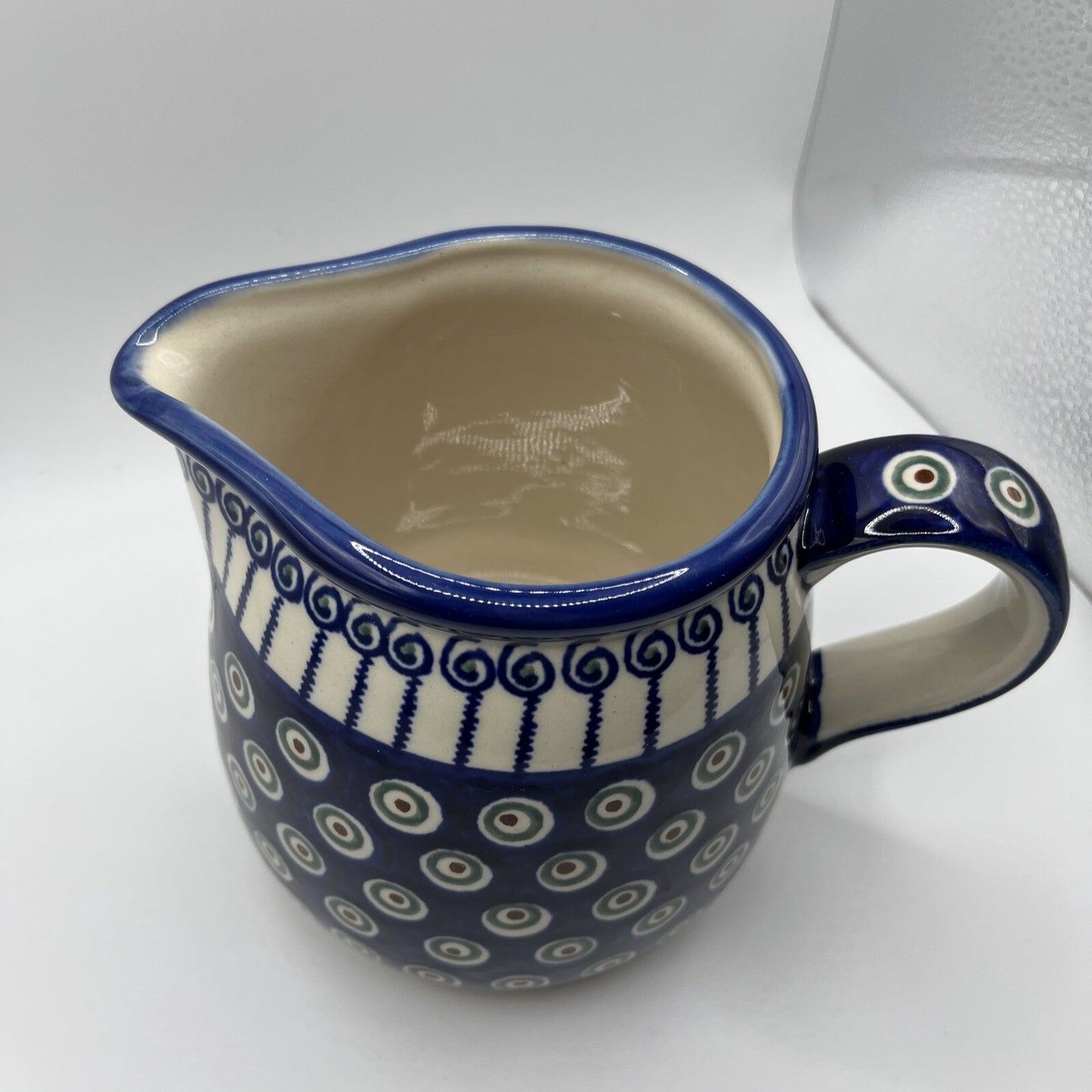 New Polish Pottery Boleslawiec Water Pitcher 5” High Blue Flower Authentic