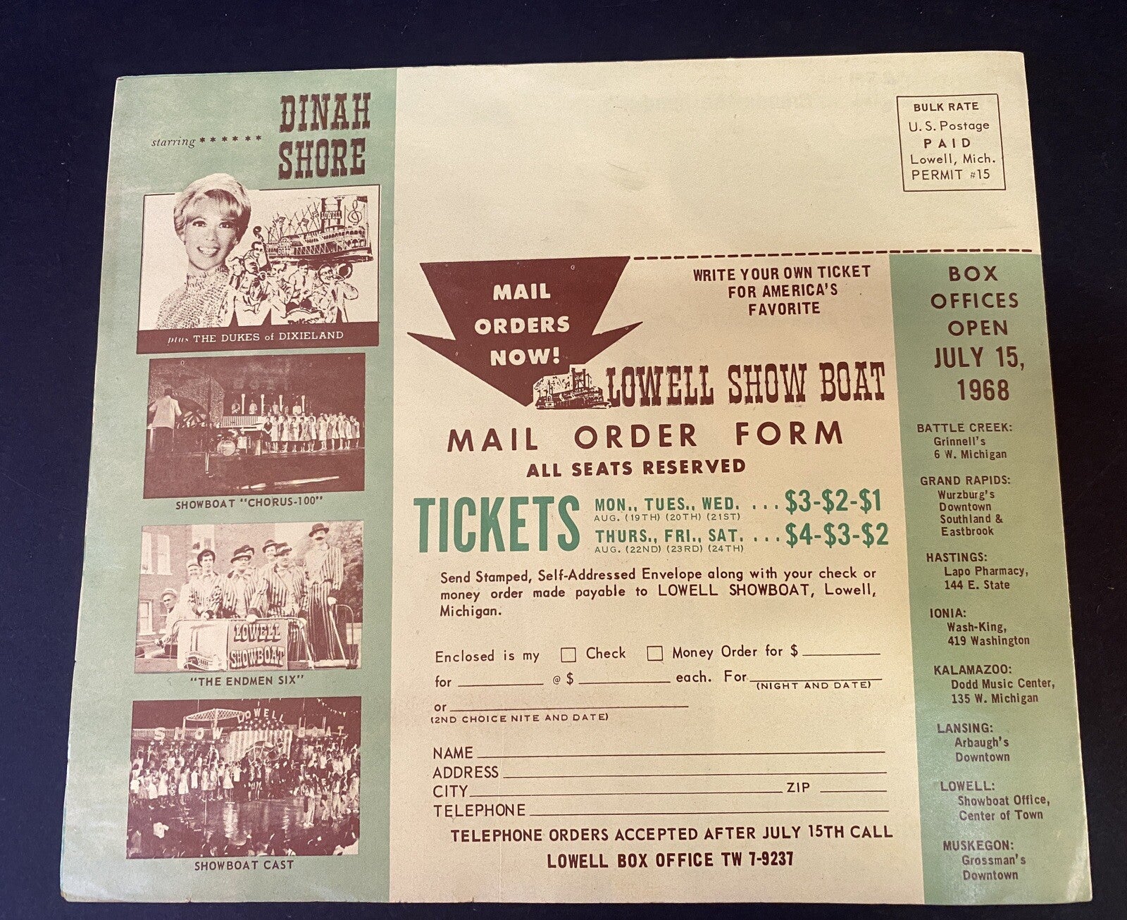 1968 Dinah Shore Lowell Showboat Mi Michigan brochure