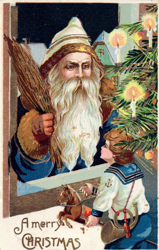 A Merry Christmas Santa w/ Child and Toys on Christmas Vintage Santa Postcard