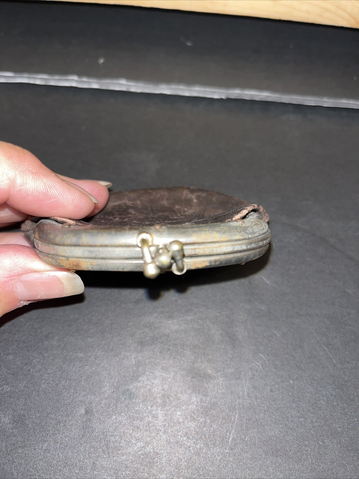 Vintage Coin Purse Dark Brown Leather Tiny KissLock Coin Purse 3” X 2.5”