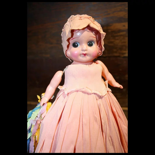 1930's Celluloid Carnival Doll with colorful crepe paper dress