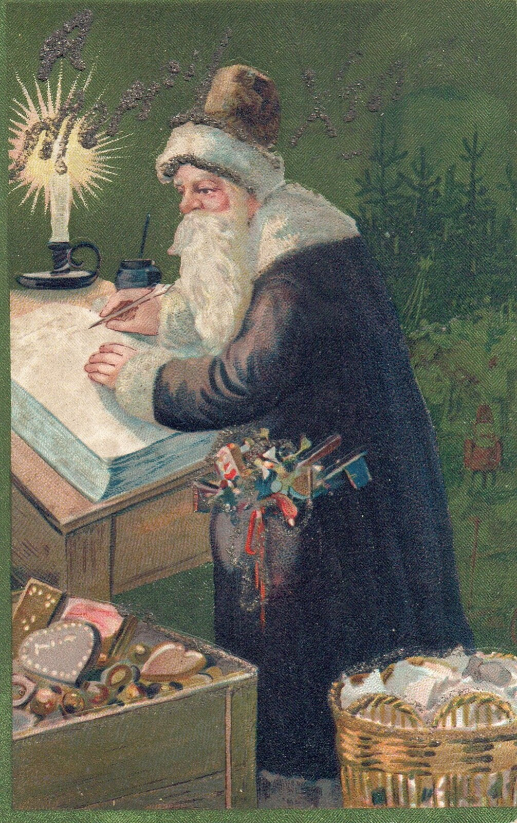 Santa Writing in His Book With Toys Vintage Santa Postcard