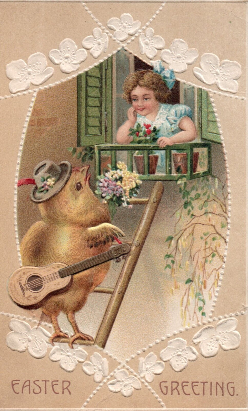 Easter Greeting Little Chick Singing to Girl in Window Vintage Easter Postcard