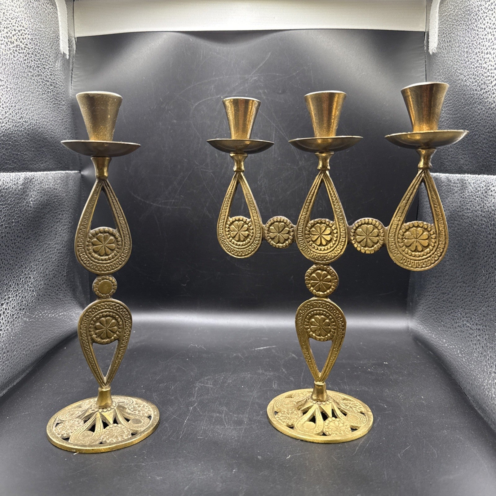 Vtg Israelian holyland brass candlesticks w/green Eliats
