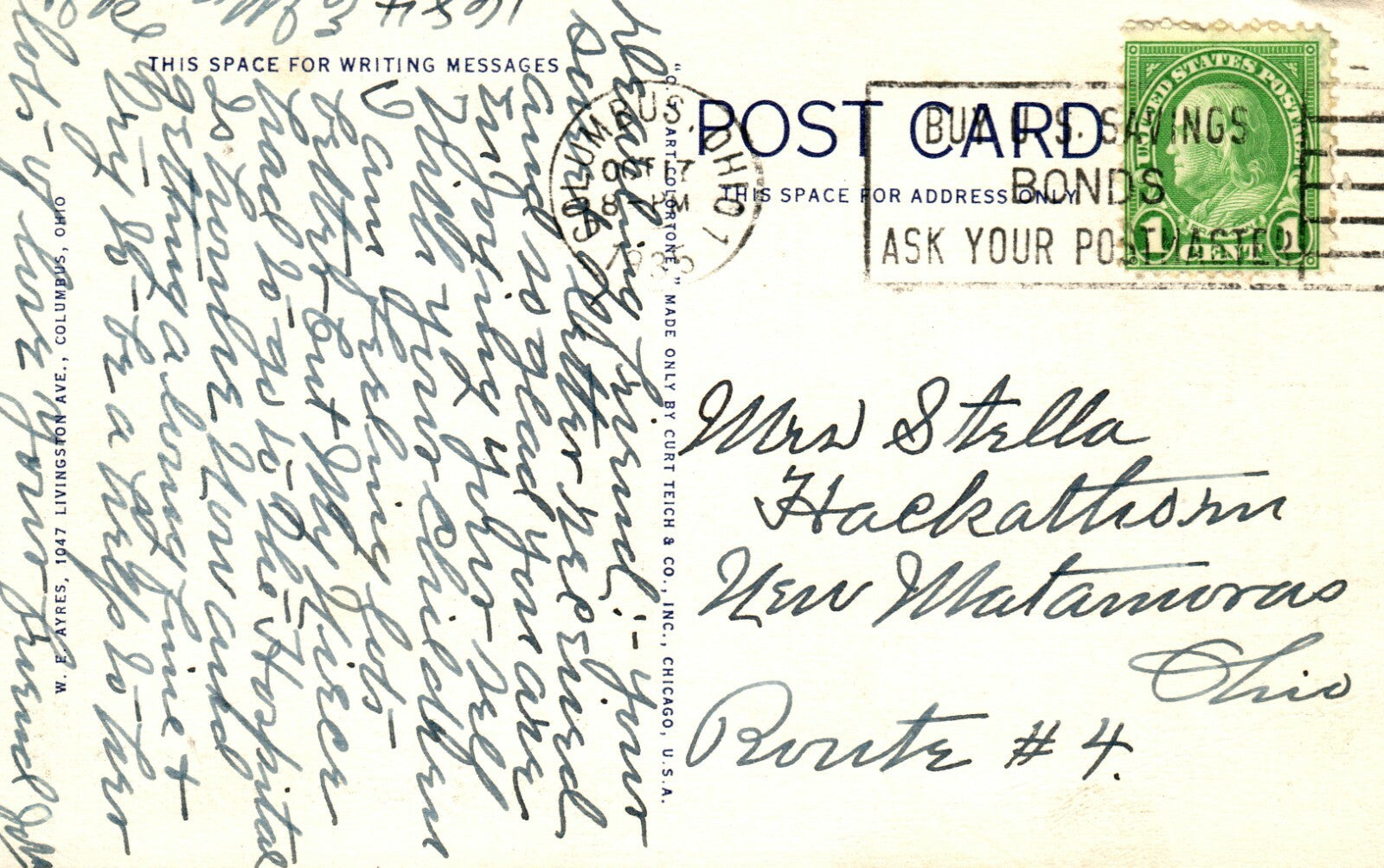 1935 Franklin County Memorial Columbus  Ohio  OH postcard