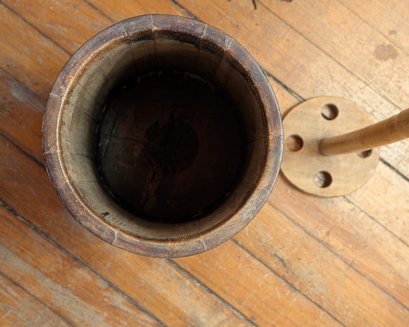 Vintage Primitive Wooden 4 Banded Butter Churn with Lid & Dasher  38" Total