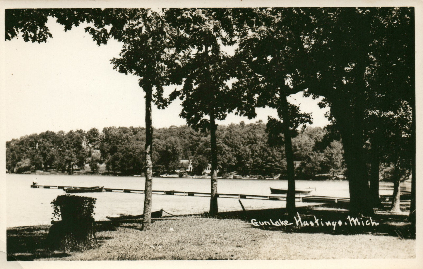 Real Photo Gun Lake Hastings MI MICH Michigan Postcard Dock w/ Boats Trees