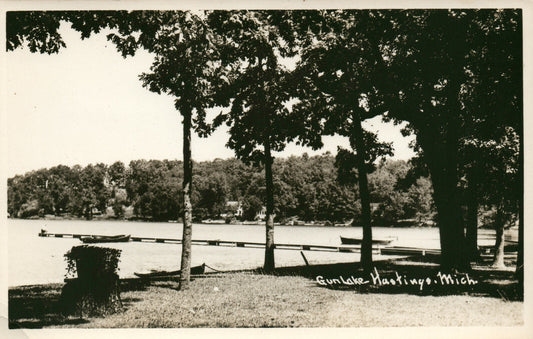 Real Photo Gun Lake Hastings MI MICH Michigan Postcard Dock w/ Boats Trees