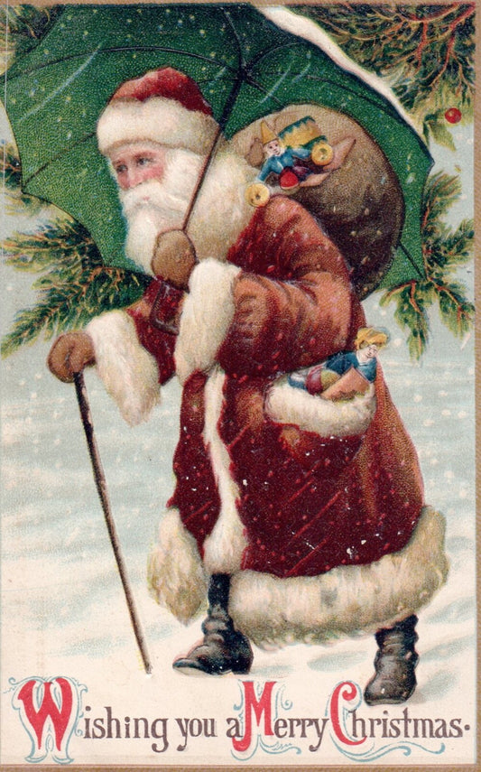 Wishing You A Merry Christmas Santa Hiking Through Snow Vintage Santa Postcard