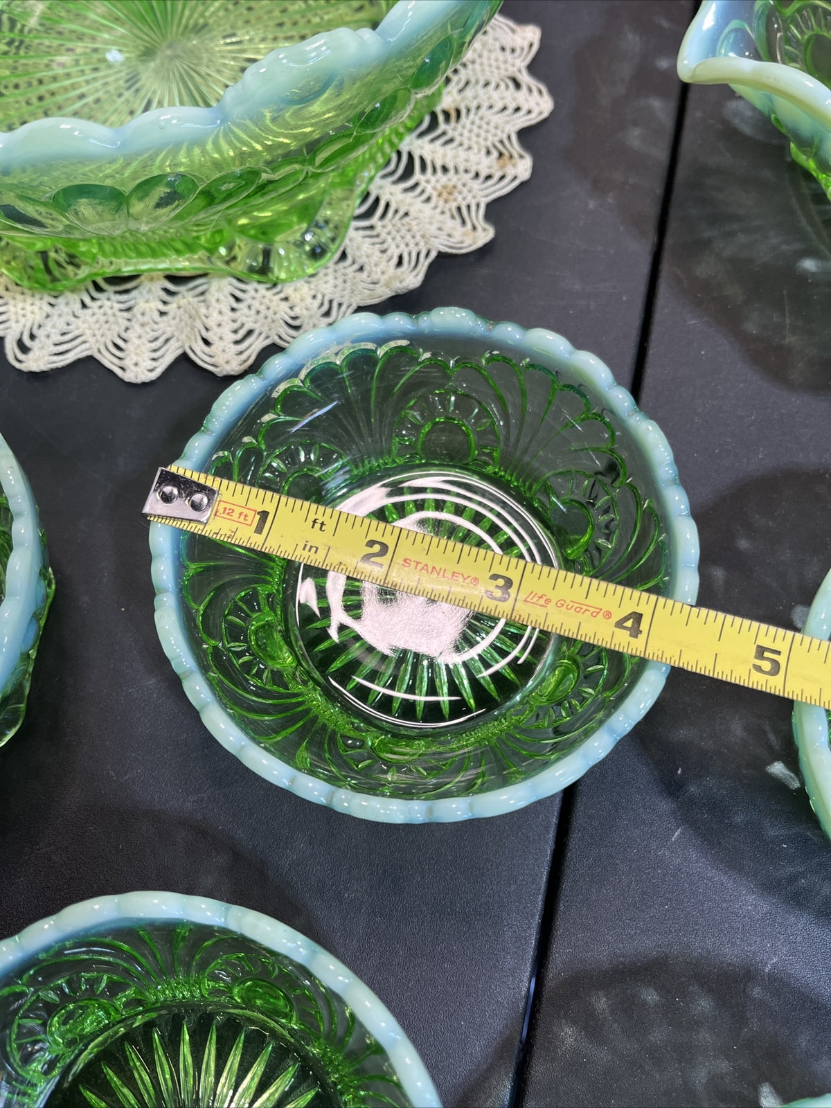 Antique Jefferson Glass 1907 Tokyo Green Opalescent Large, Med & 5 Small Bowls