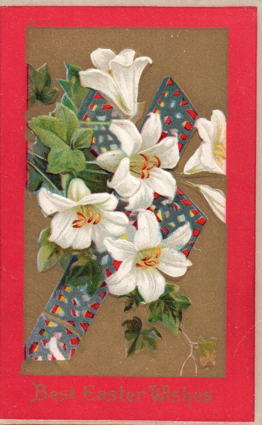 Best Easter Wishes Beautiful White Flowers & Cross Vintage Easter Postcard