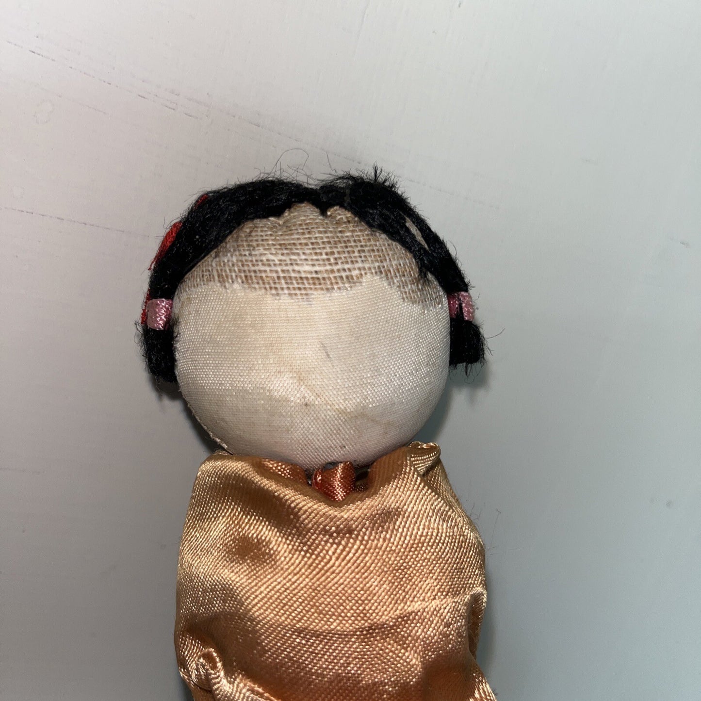 Vintage Asian Chinese Traditional Cloth Doll 6” Silk Hand Painted Black