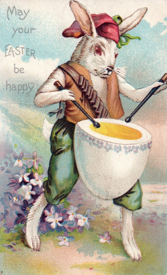May Your Easter Be Happy Easter Rabbit With Egg Drum Vintage Easter Postcard