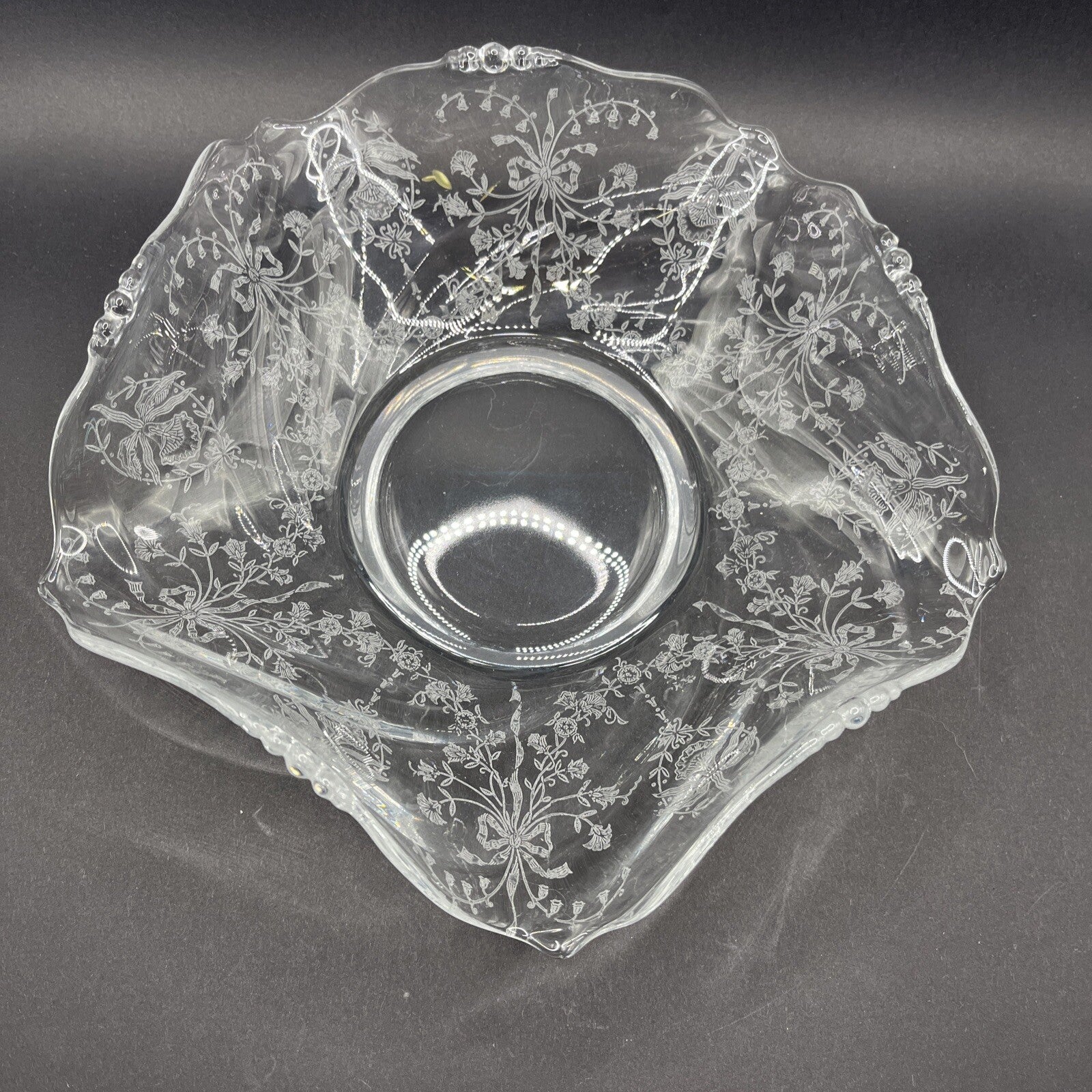 Heisey Orchid Waverly Etched 9" Crimped Flared Round Bowl