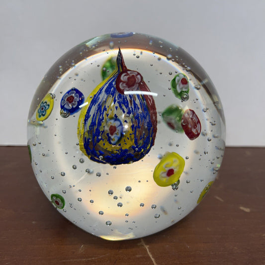 Vintage Art Glass Bubble Round Spear Paperweight Blue Red  Blue Yellow Clear 4”