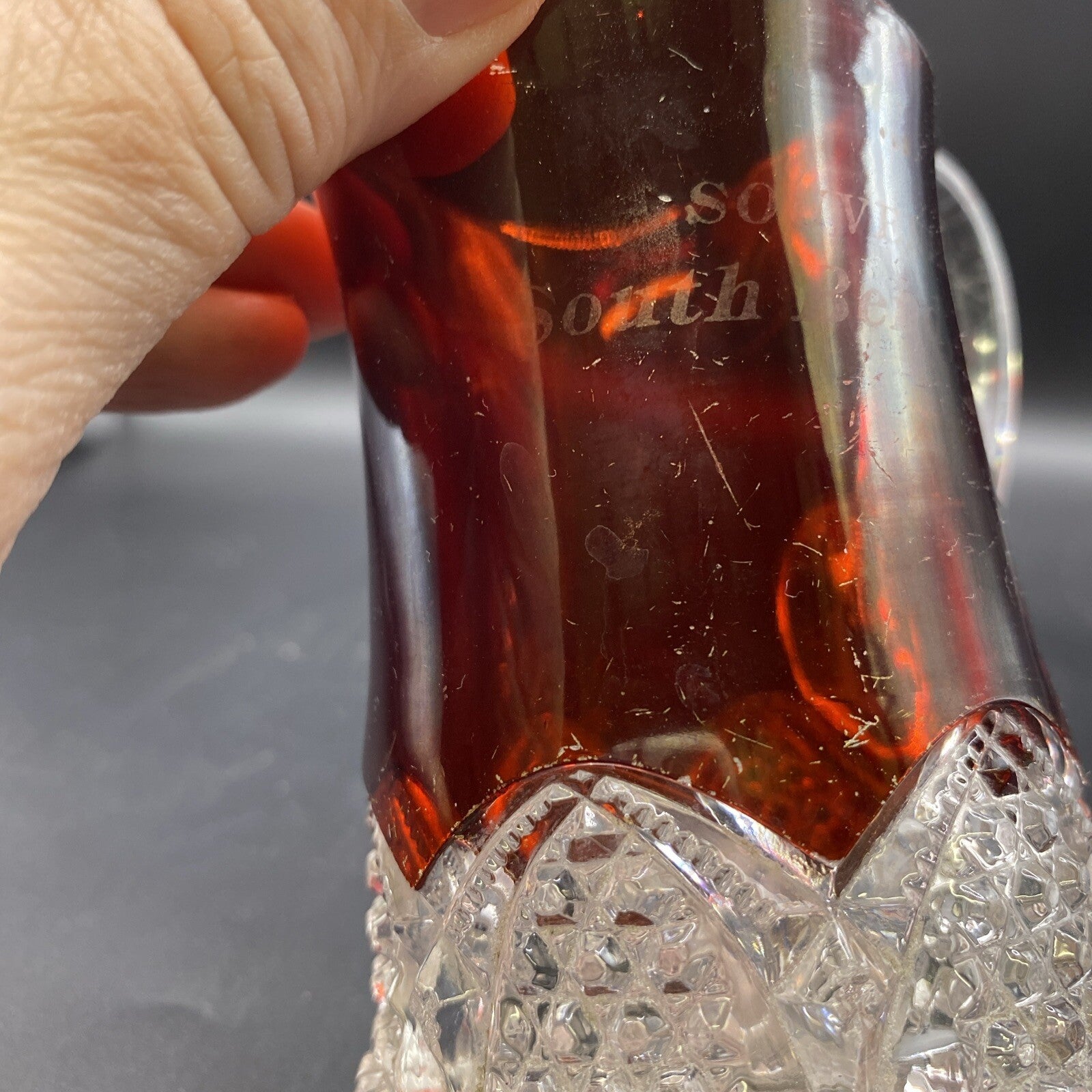 Vintage Ruby Red Flash Glass Souvenir Pitcher South Bend Indiana IN