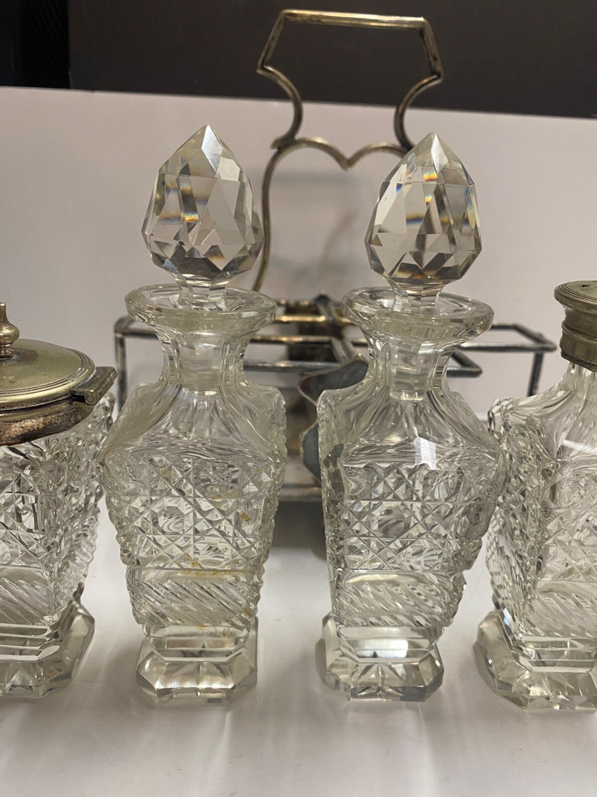 Antique 1900's Silver Plated Cruet 6 Piece Set & Carrier Salt Pepper Sugar &More