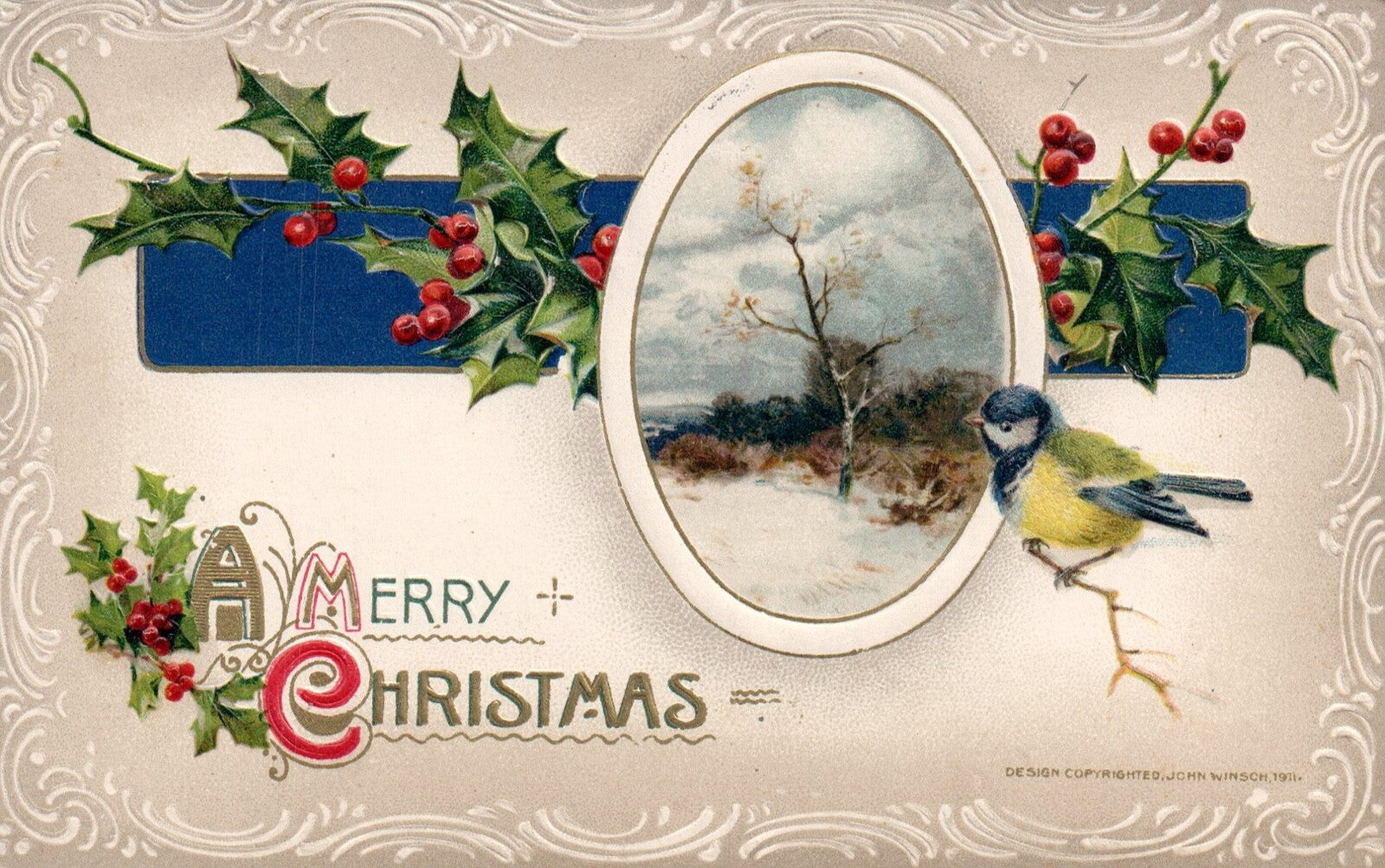 John Winsch A Merry Christmas Yellow Bird on Branch with Holly Vintage Postcard