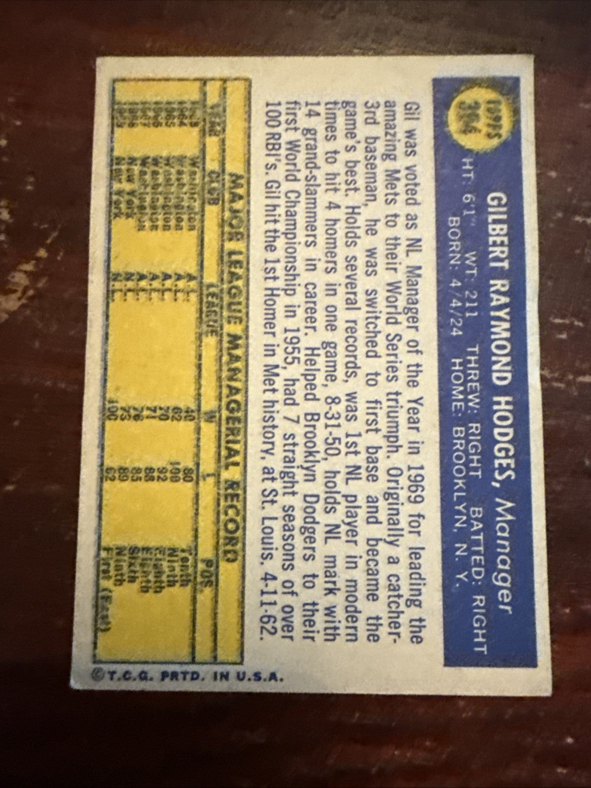 1970 Topps # 394 Gil Hodges New York Mets Baseball Card