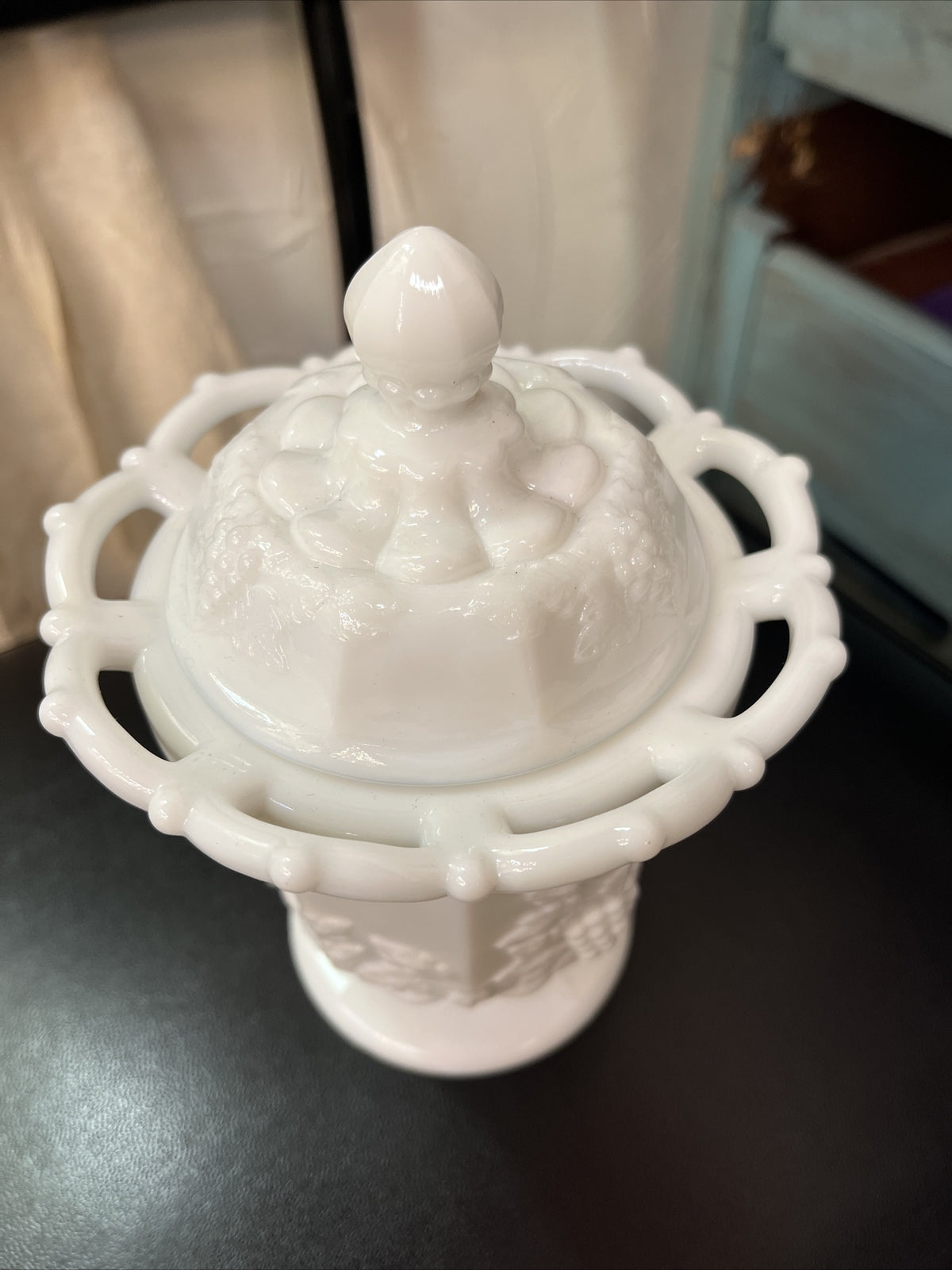 Vintage Westmoreland Milk Glass Basket Split Handle Grape Vine Pattern 6.5"