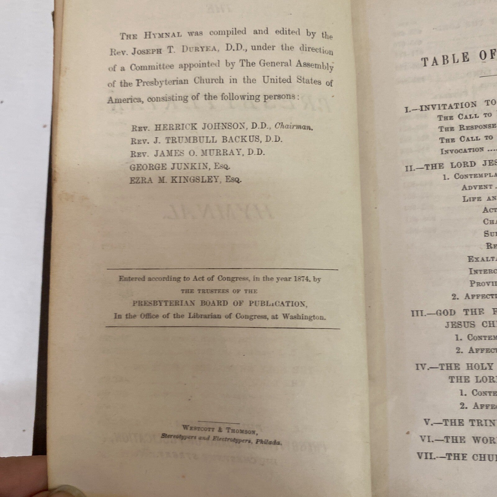THE PRESBYTERIAN HYMNAL 1874 ANTIQUE RARE BOOK LEATHER REV. JOSEPH T DURYEA D.D.