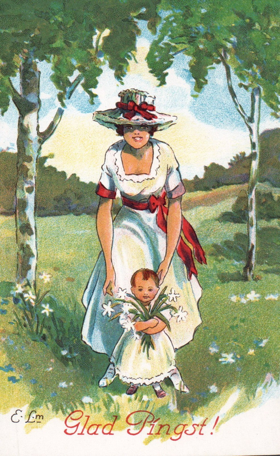 Glad Pingst E Lm  Artist Mom Girl   Easter vintage postcard