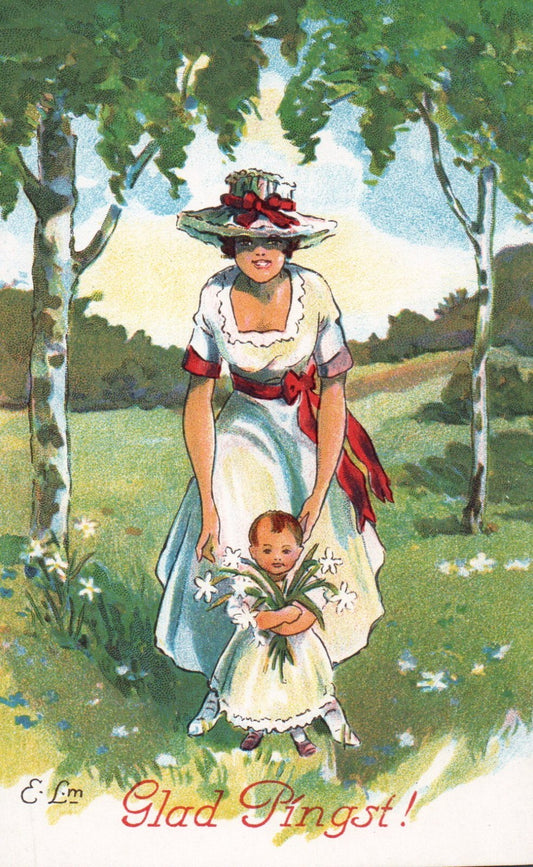 Glad Pingst E Lm  Artist Mom Girl   Easter vintage postcard