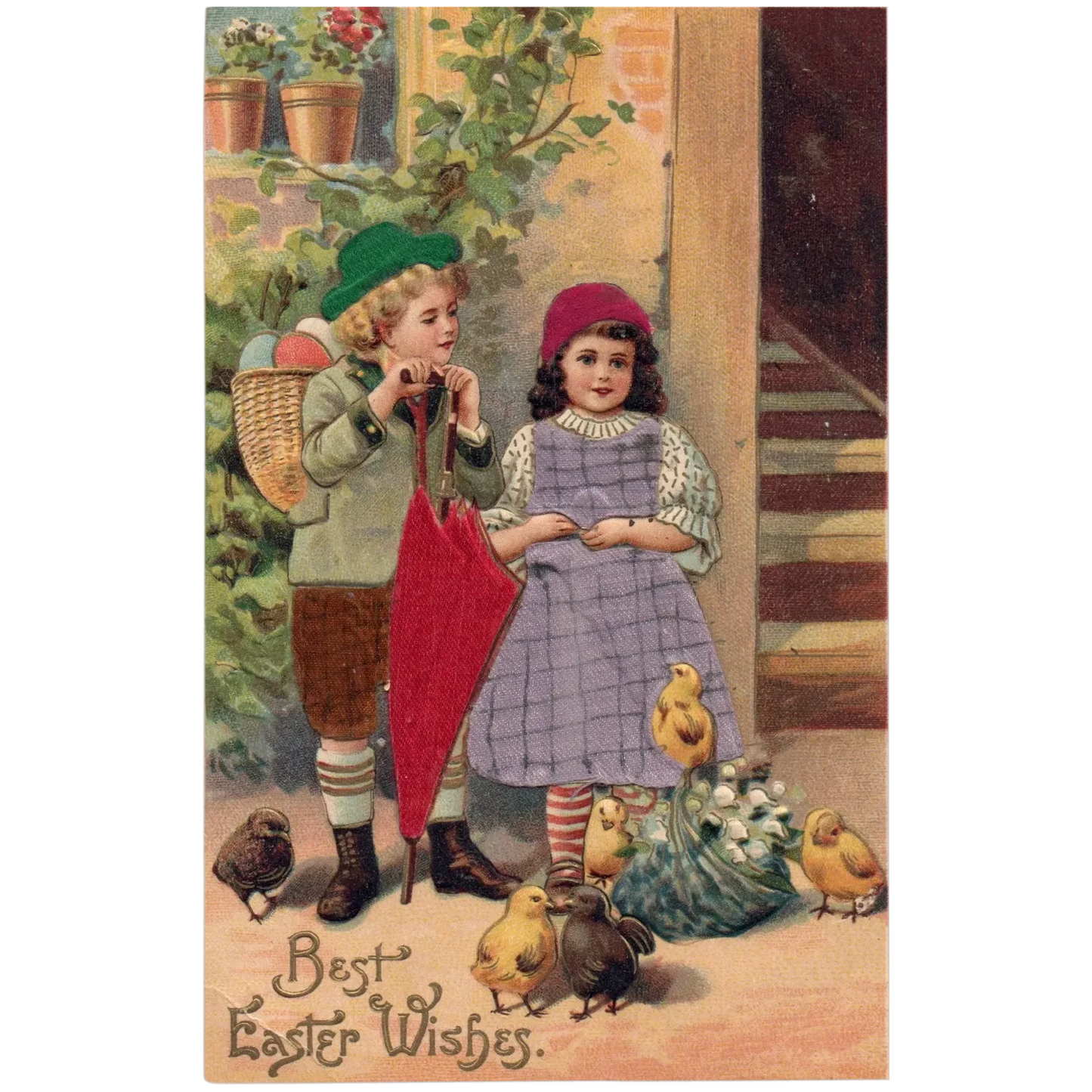 Silk Best Easter Wishes Children and Chicks Vintage Easter Postcard