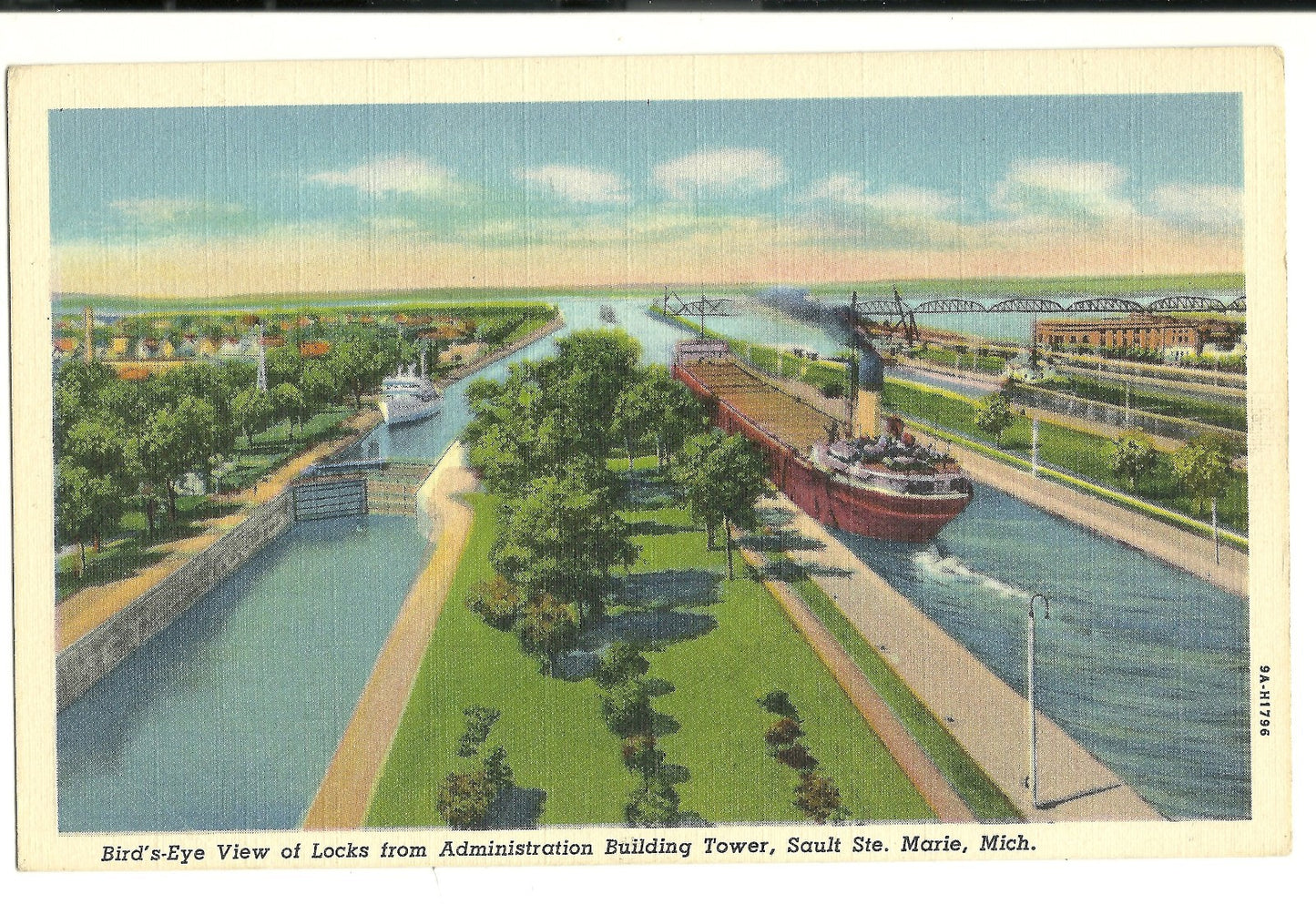 Birds Eye View SOO Locks from Admin Bldg Tower Sault Ste Marie MI SHIP Postcard