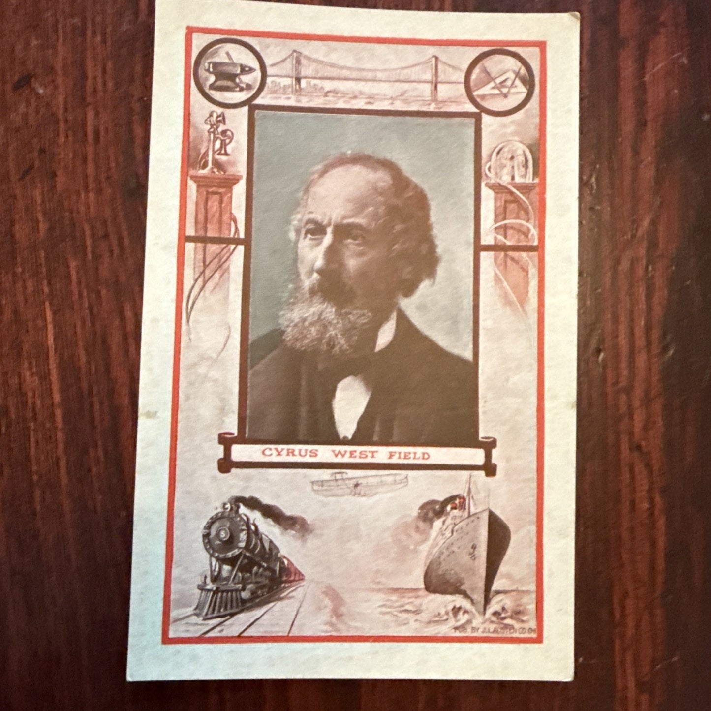 Cyrus West Field by J I Austen Postcard Anvil Ship Plane Train c1910's *Scarce