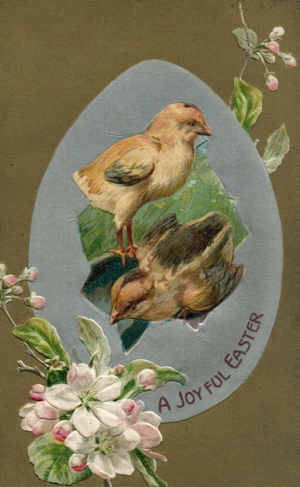 Gold Silver Metallic Chicks Around Flowers Joyful Easter Greetings Postcard