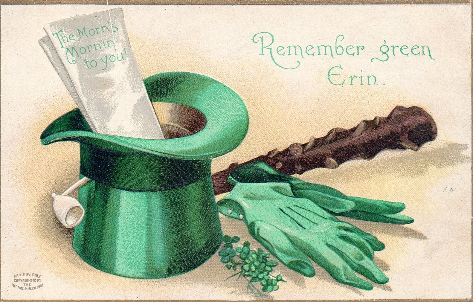 Green Hat Gloves Clover St Pats Postcard