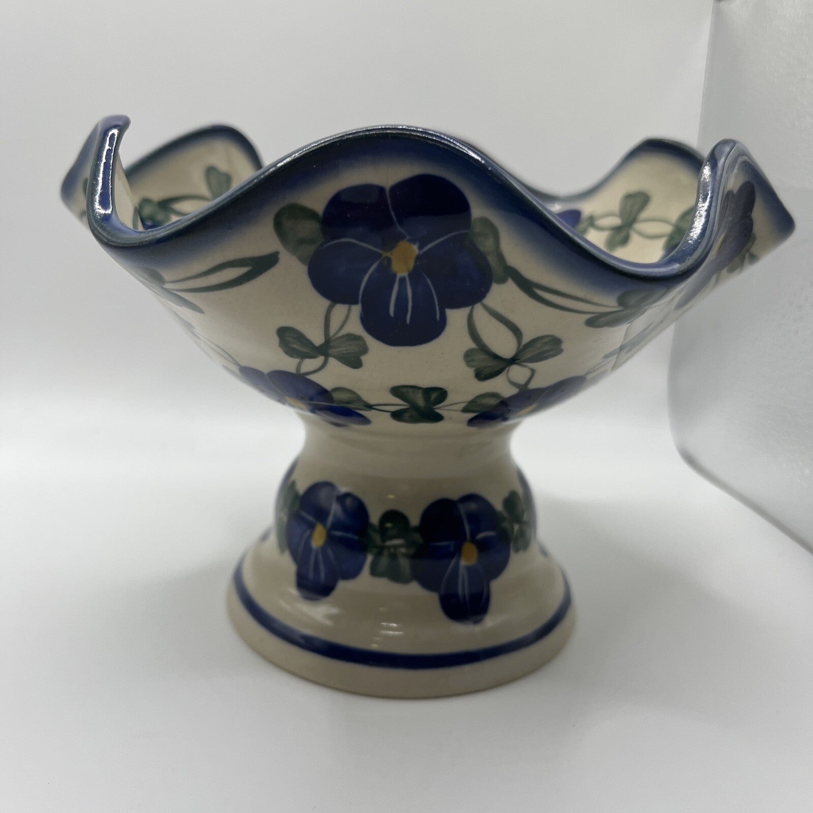 Polish Pottery Bowl With Pedestal Unikat Hand Painted Fluted Fruit Candy Dish