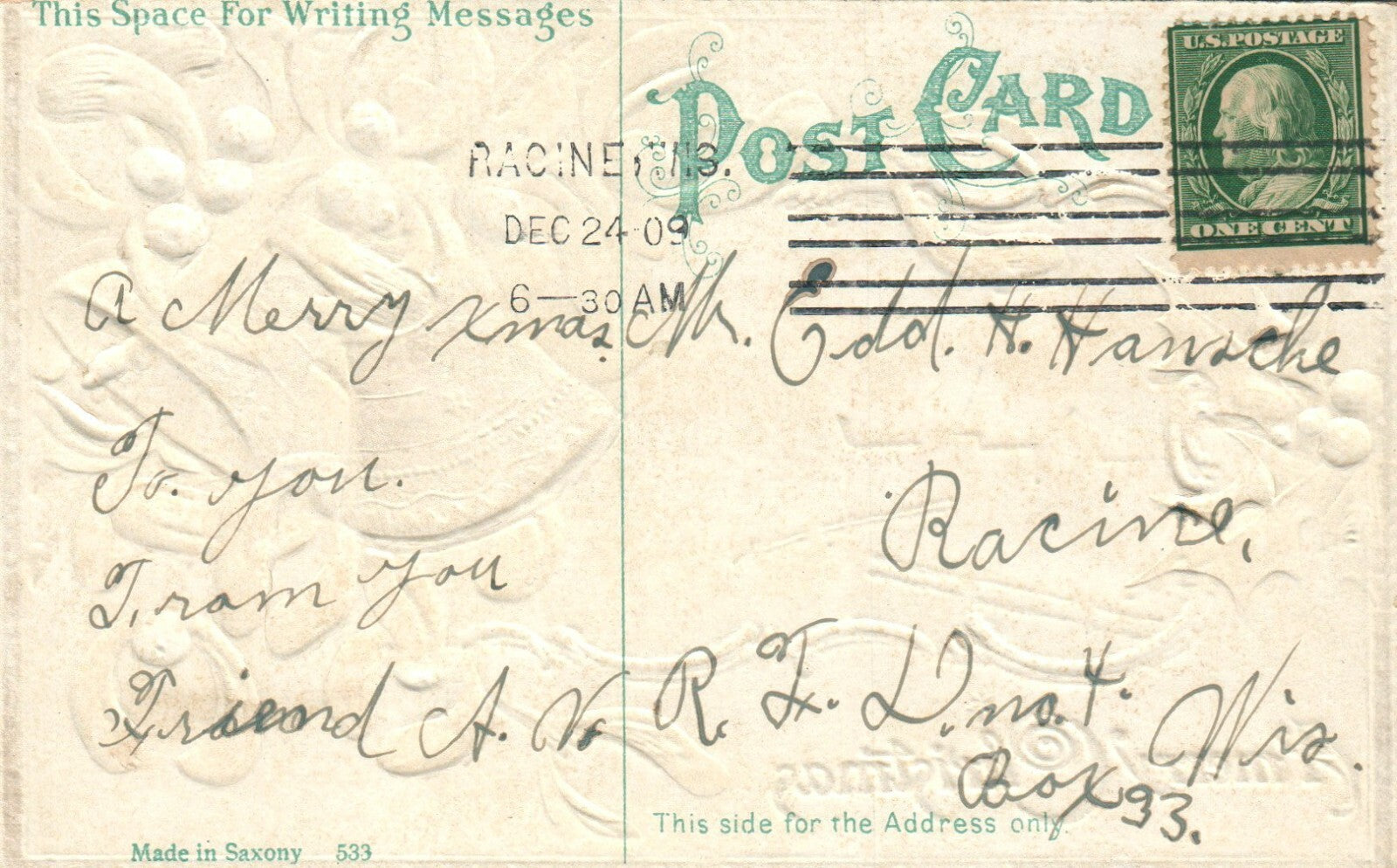 1909 Beautiful Merry Christmas vintage Postcard Embossed with Gold #533