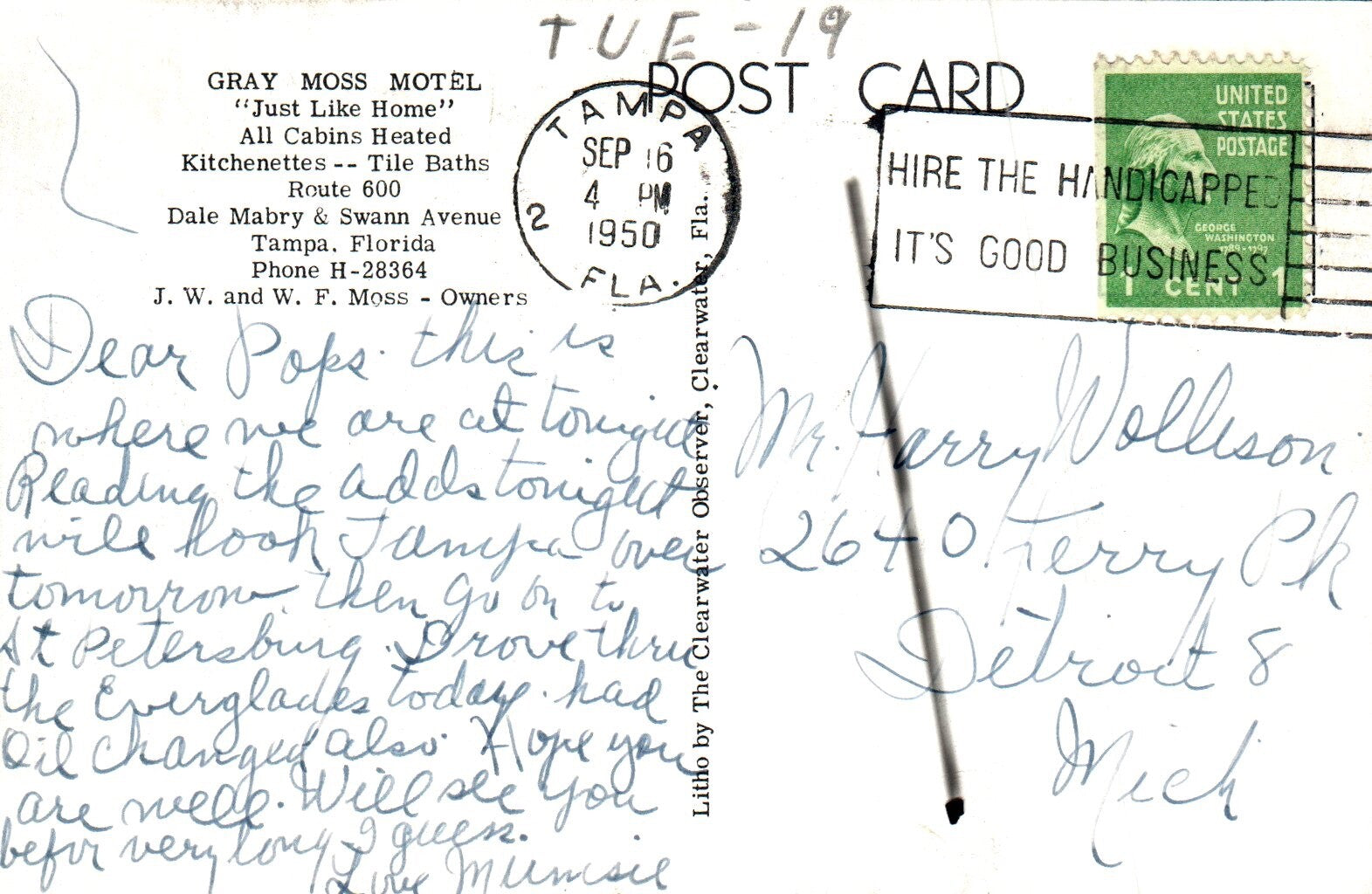 Gray Moss Motel Route 600 in Tampa Florida Fl Vintage Postcard