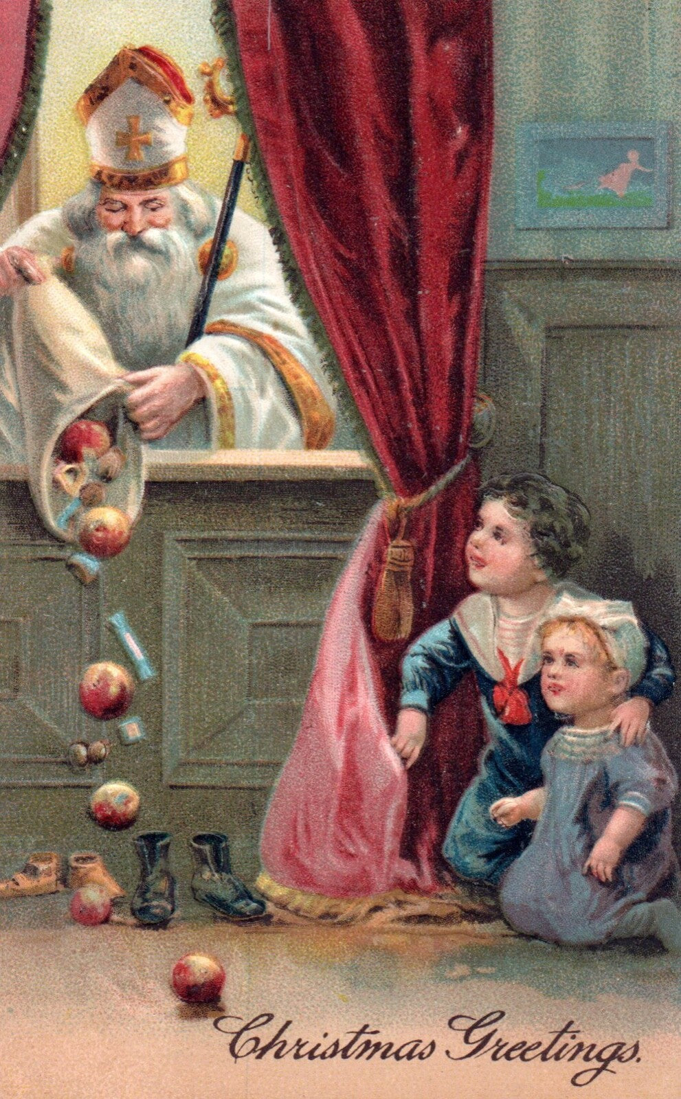 Christmas Greetings St. Nicholas Giving Gifts to Children Vintage Santa Postcard