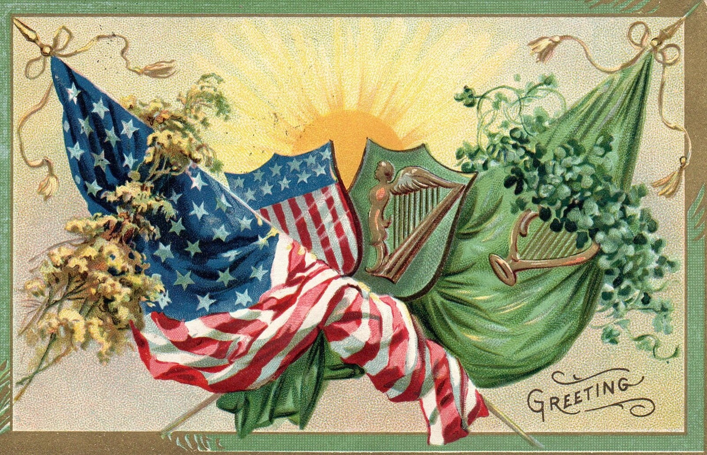 Patriotic St Patricks Greeting Harp with Clovers St. Patricks Day Postcard