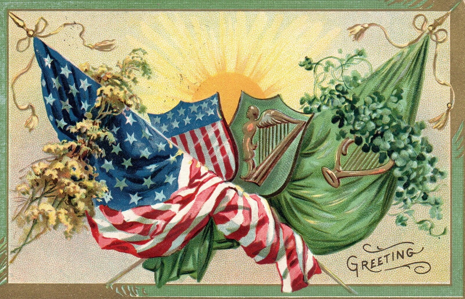 Patriotic St Patricks Greeting Harp with Clovers St. Patricks Day Postcard