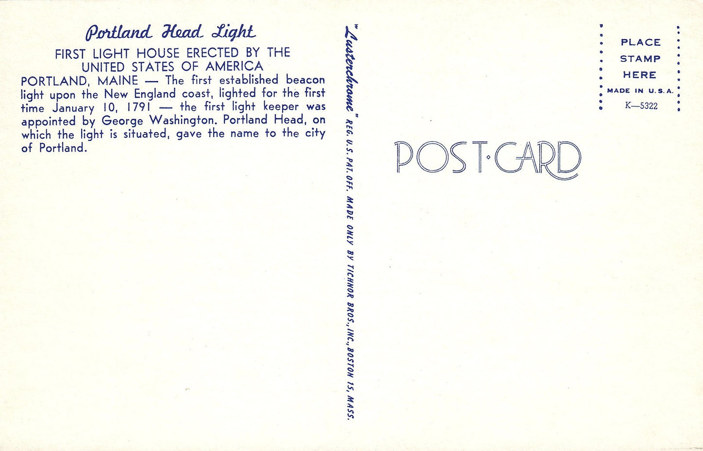 Portland Head Light House Maine Lighted First Time 1791 Postcard