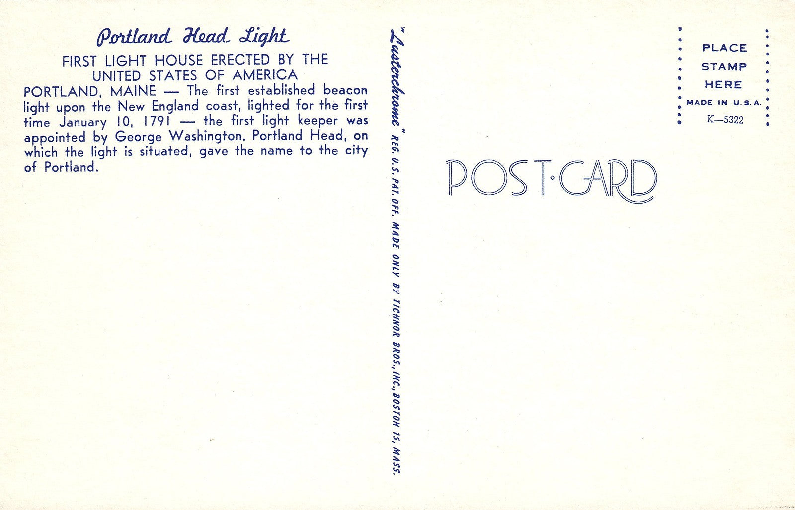 Portland Head Light House Maine Lighted First Time 1791 Postcard