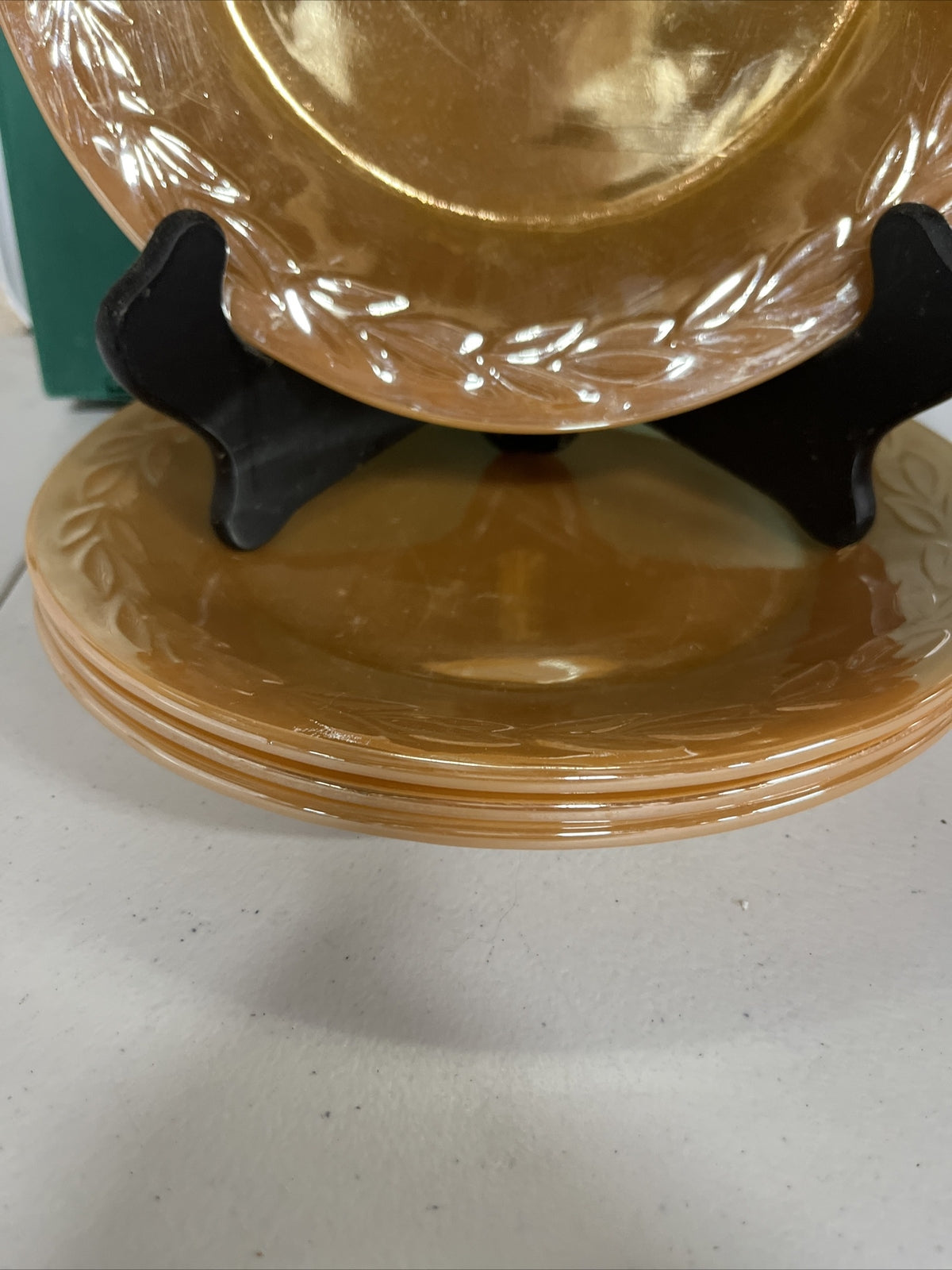 Fire King Peach Luster Dinnerware 9” Plates Laurel Leaf   Set Of 4
