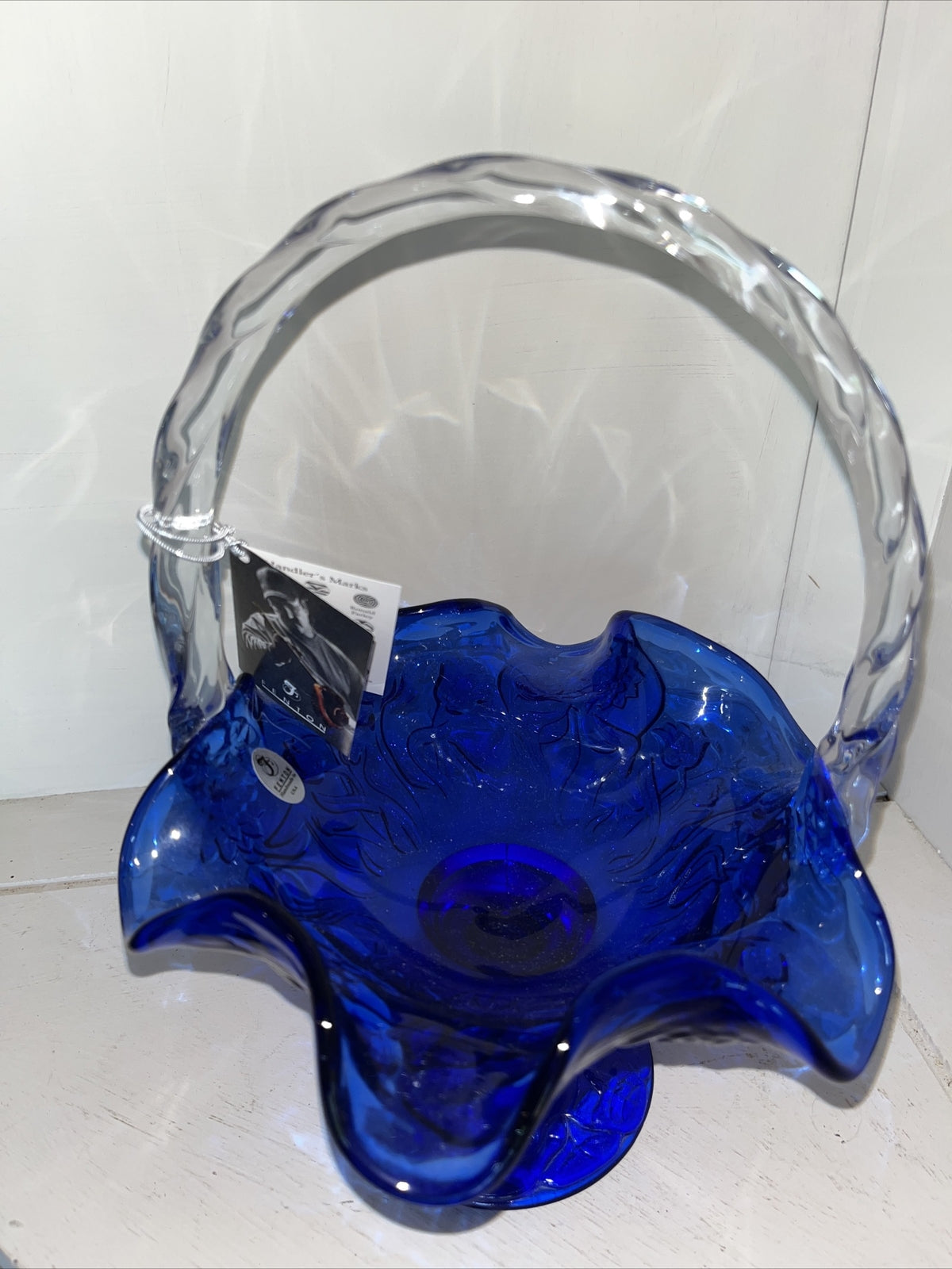  Fenton 95th Cobalt Blue Clear Handle embossed design basket with sticker