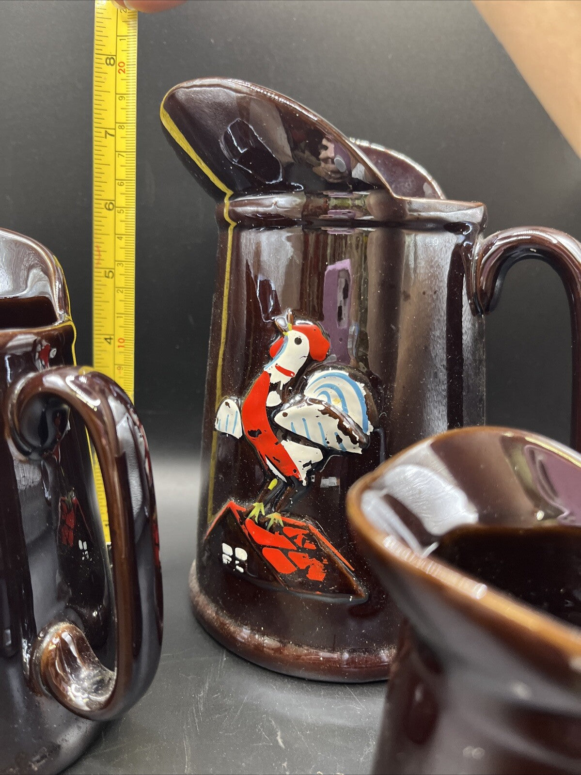 Unbranded Pair Iridescent Brown Hand Painted Embossed Rooster Pottery Pitchers