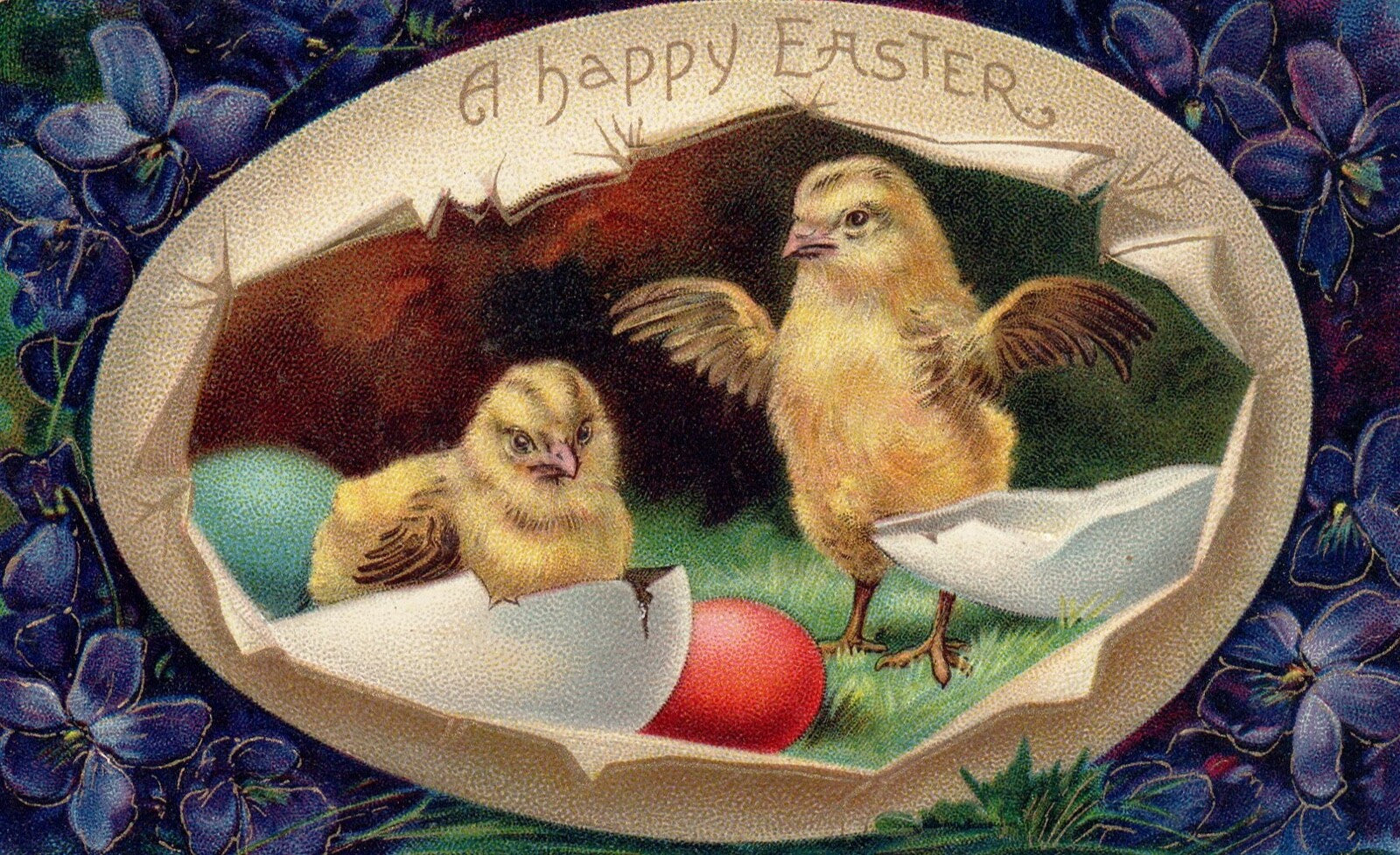 A Happy Easter Chicks Hatching from Eggs Vintage Easter Postcard