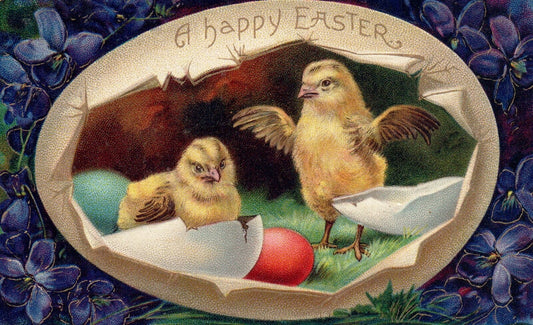 A Happy Easter Chicks Hatching from Eggs Vintage Easter Postcard